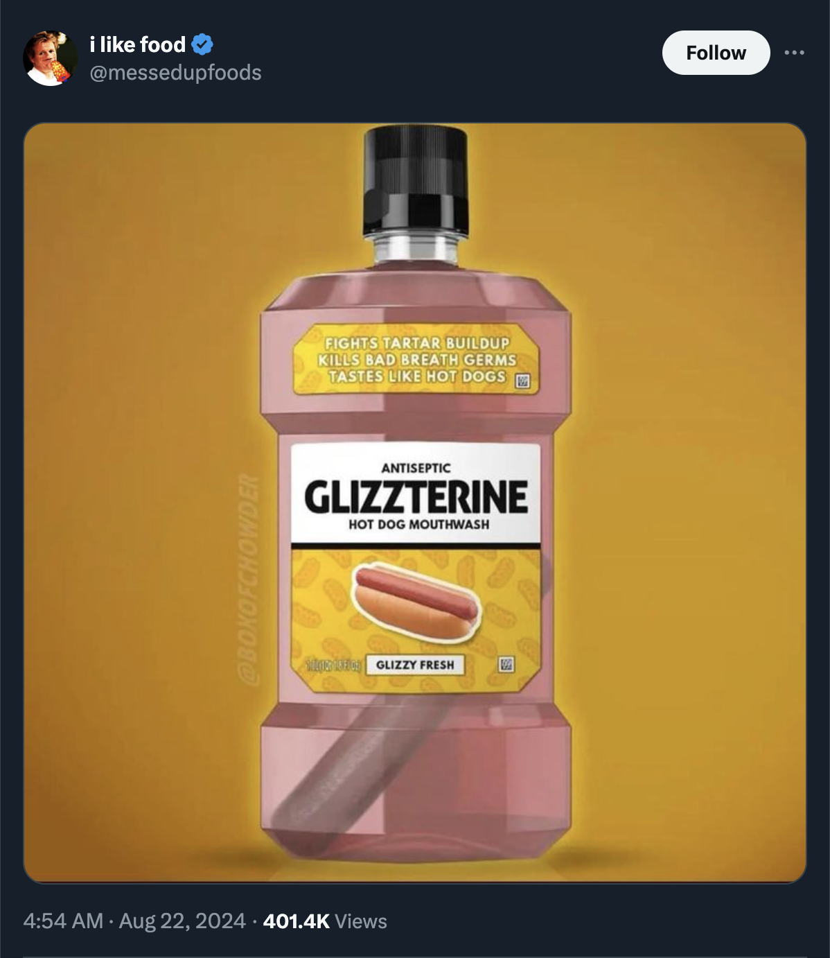 bottle - i food Bond Fchowder Vights Tartar Buildup Kills Bad Breath Germs Tastes Hot Dogs Antiseptic Glizzterine Hot Dog Mouthwash Views Glizzy Fresh